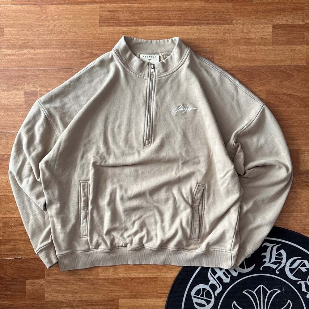 YoungLA Men's Signature Quarter Zip Pullover Sweatshirt - Beige/Tan